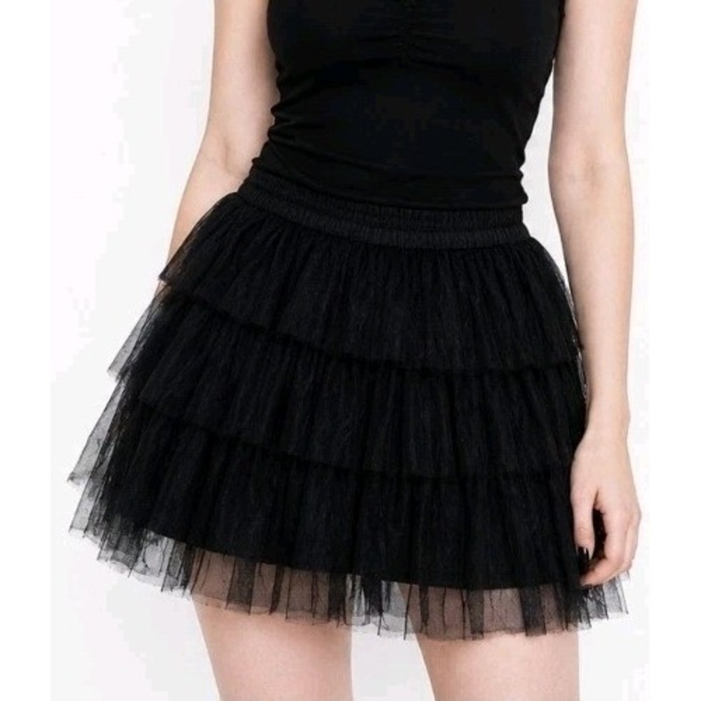Vintage Wet Seal Black Tiered Tulle Mini Skirt Womens SMALL Ruffle Mesh Emo Y2K